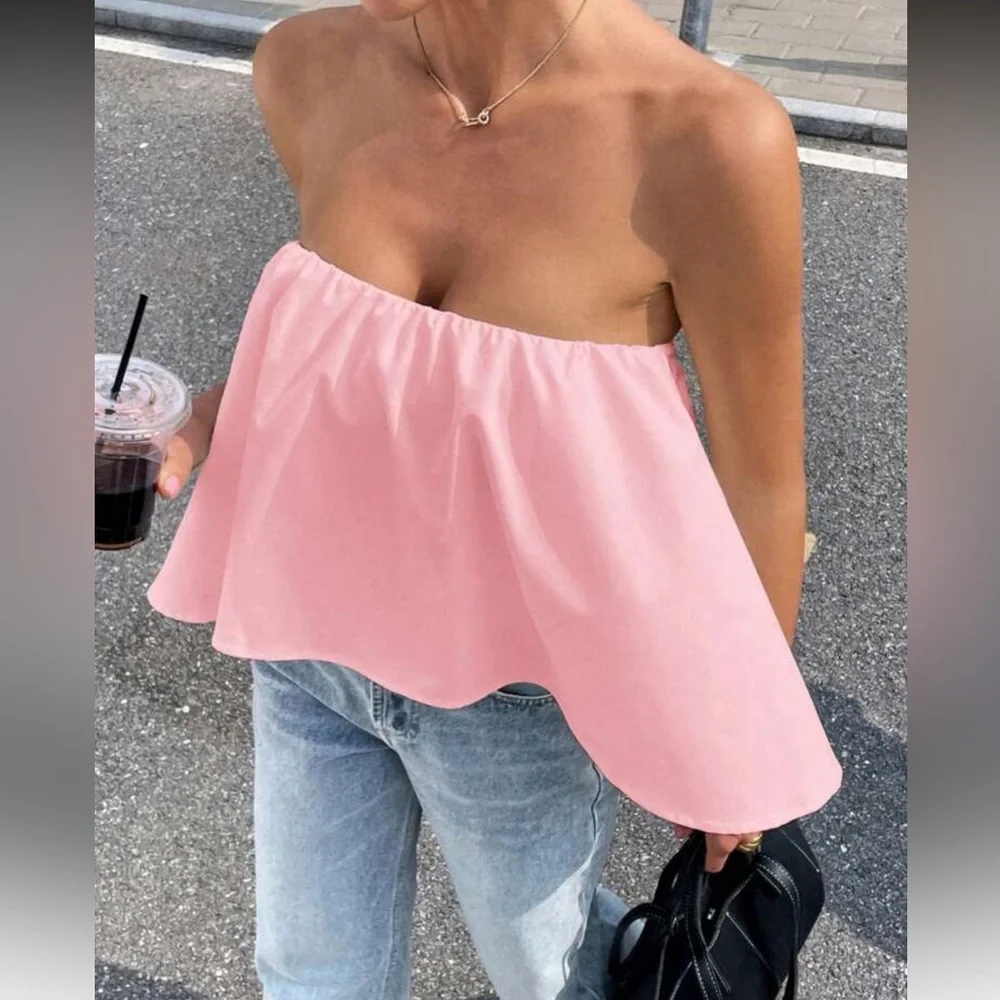 White Strapless Flowy Top_11
